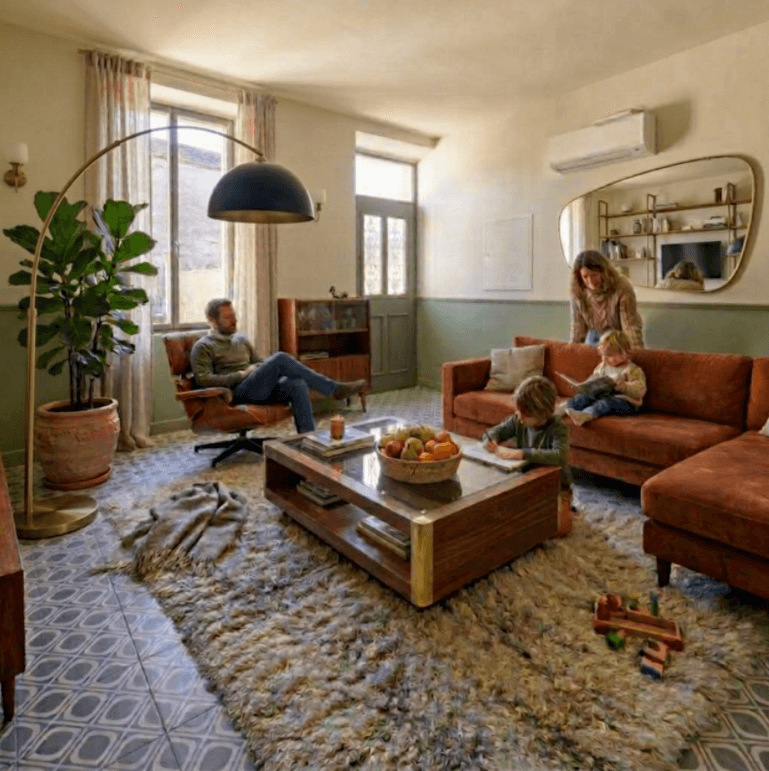 État après rénovation projeté avec salon meublé, canapé terracotta, table en bois, plantes, miroir doré, lampe noire, rideaux beiges et tapis