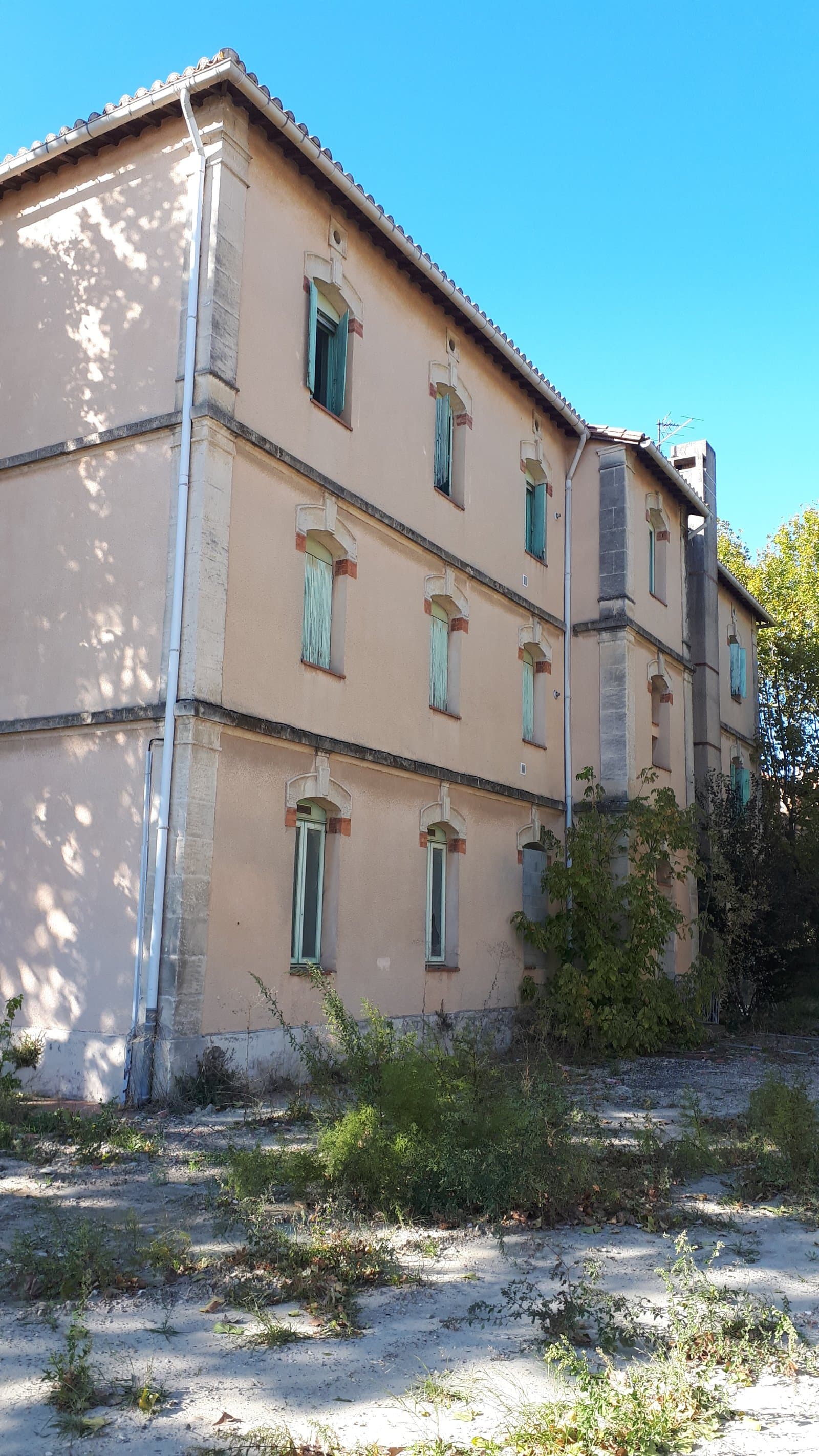 Façade historique en pierre avec fenêtres vertes